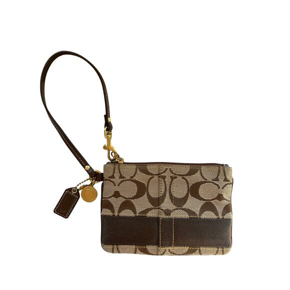 Coach Signature Brown Canvas Wristlet J0749-40754 Logo Clutch Stripe Interior - Picture 1 of 11